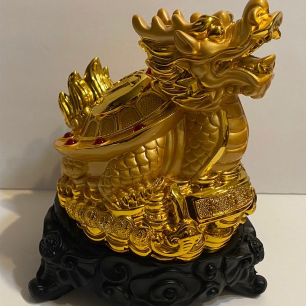 Gold Dragon Turtle Tortoise Statue With Base 8” - Picture 6 of 8